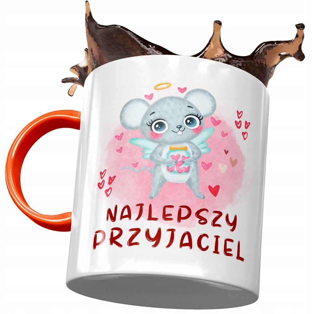 Kubek Pomarańczowy z Myszą Myszką Słodki Prezent z Nadrukiem ze Zdjęciem + Opakowanie na prezent (wzór 03)