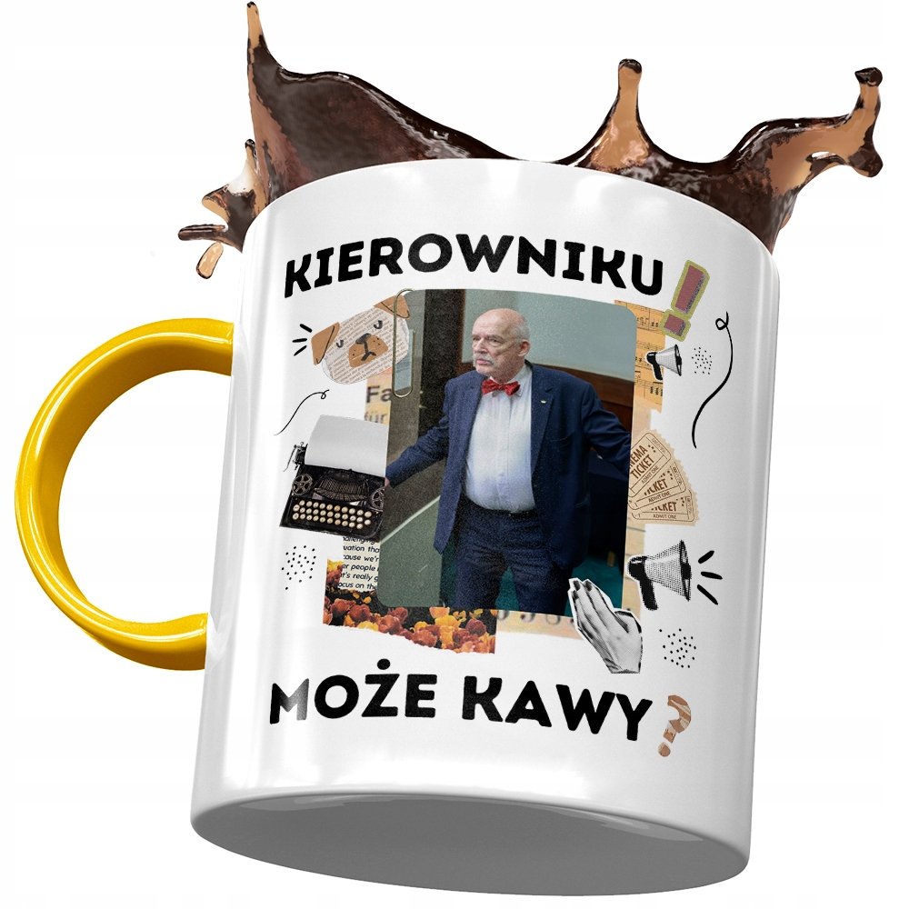 Kubek Żółty Janusz Korwin Mikke na Prezent z Nadrukiem ze Zdjęciem+ Opakowanie na prezent (wzór 01)