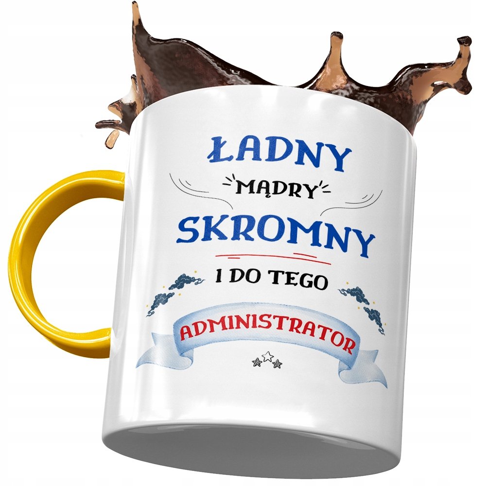 Kubek Żółty Dla Administratora Ładny Mądry Skromny z Nadrukiem ze Zdjęciem + Opakowanie na prezent (wzór 03)