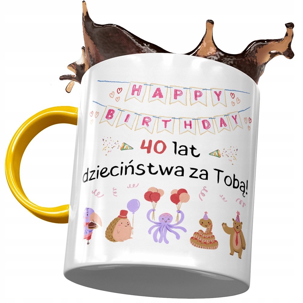 Kubek Żółty na Urodziny 40 40ste 40-ste na Prezent z Nadrukiem ze Zdjęciem + Opakowanie na prezent (wzór 04)