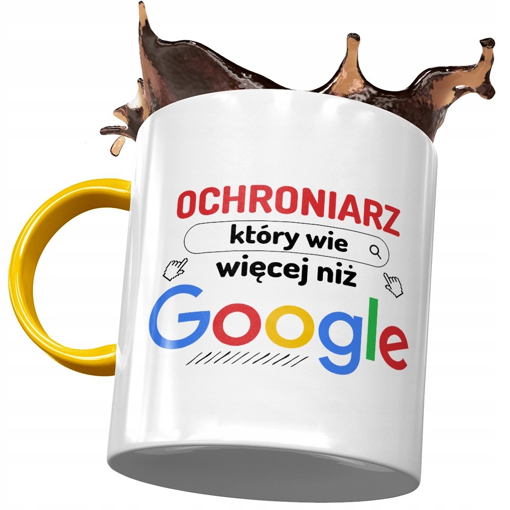 Kubek Żółty Dla Ochroniarza Wie Więcej niż Google z Nadrukiem ze Zdjęciem + Opakowanie na prezent (wzór 03)