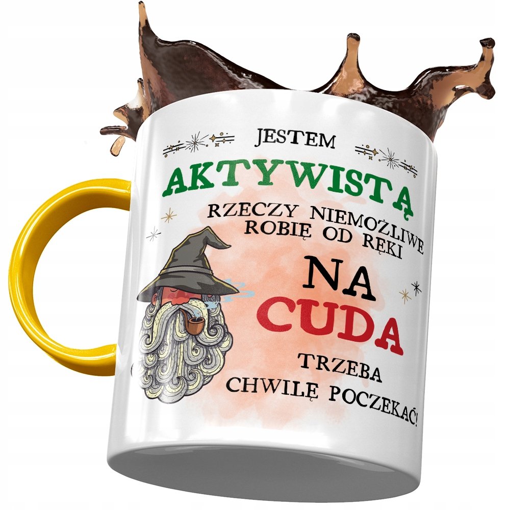 Kubek Żółty Dla Aktywisty na Cuda Trzeba Poczekać z Nadrukiem ze Zdjęciem + Opakowanie na prezent (wzór 03)