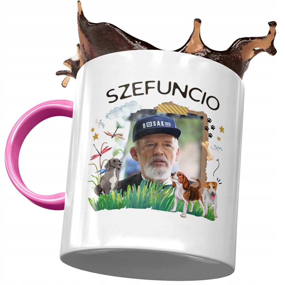 Kubek Różowy Janusz Korwin Mikke na Prezent z Nadrukiem ze Zdjęciem + Opakowanie na prezent (wzór 04)