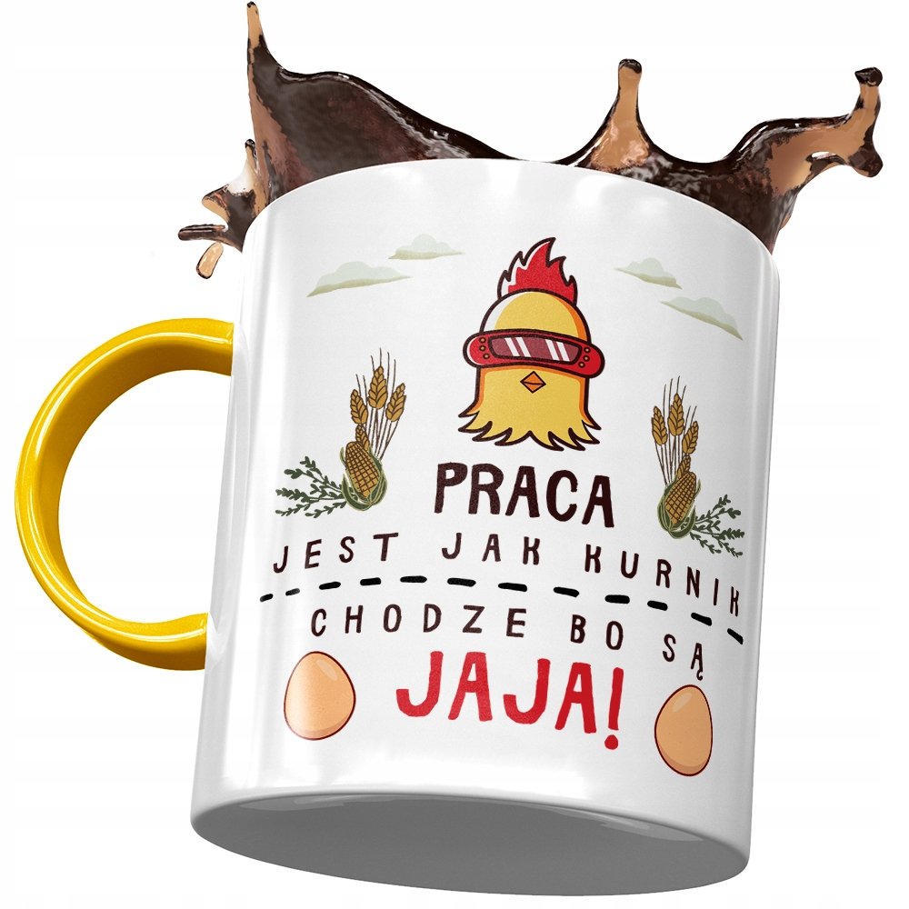 Kubek Żółty Śmieszny Praca Jest Jak Kurnik Prezent z Nadrukiem ze Zdjęciem + Opakowanie na prezent (wzór 03)