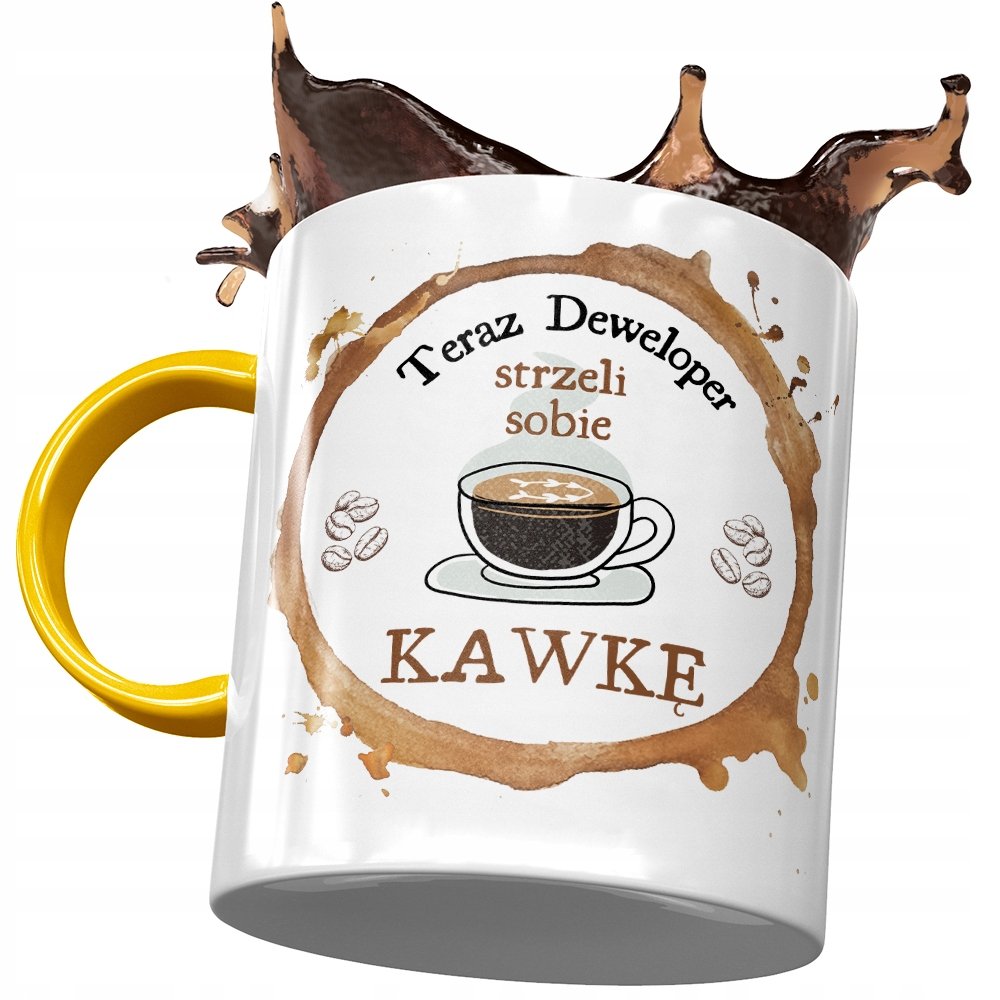 Kubek Żółty Dla Dewelopera Strzeli Sobie Kawkę z Nadrukiem ze Zdjęciem+ Opakowanie na prezent (wzór 01)