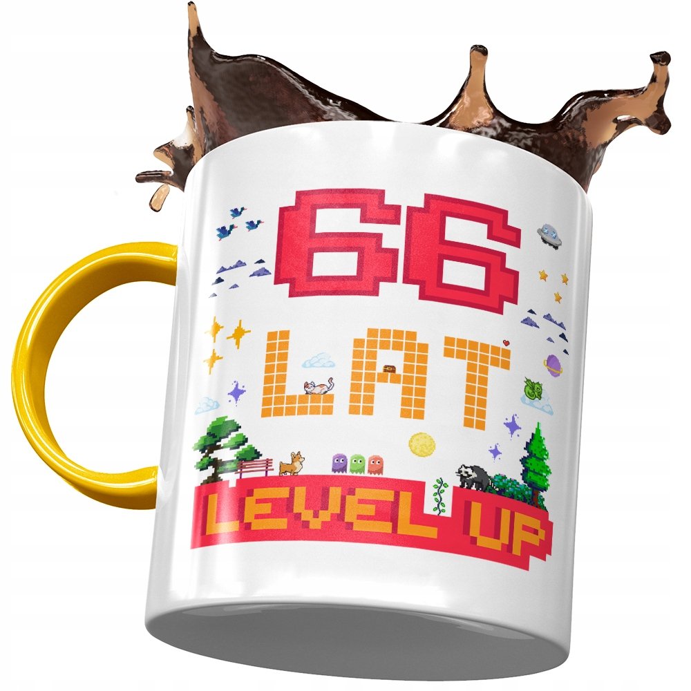 Kubek Żółty na Urodziny 66 66te 66-te na Prezent z Nadrukiem ze Zdjęciem + Opakowanie na prezent (wzór 04)