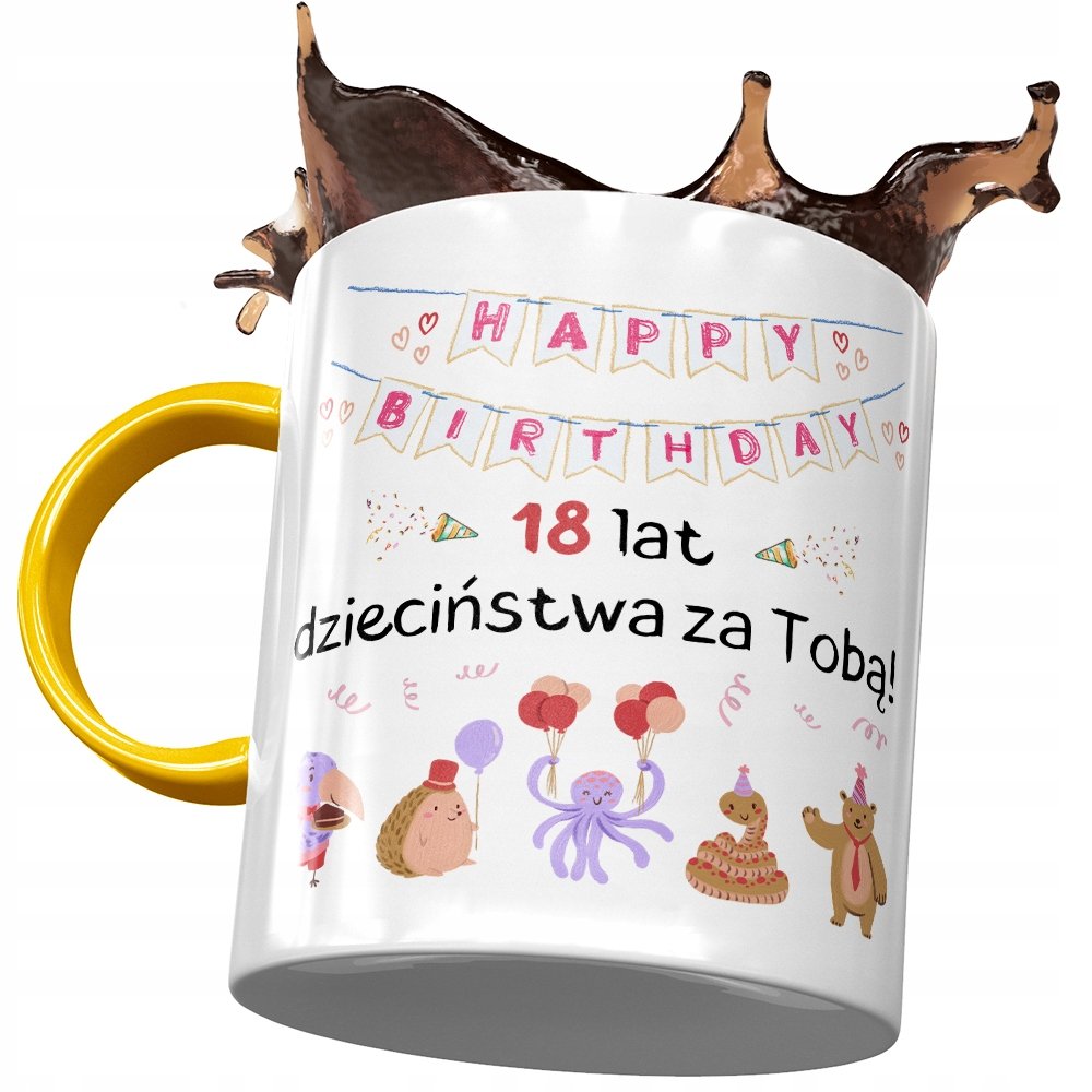 Kubek Żółty na Urodziny 18 18ste 18-ste na Prezent z Nadrukiem ze Zdjęciem + Opakowanie na prezent (wzór 04)