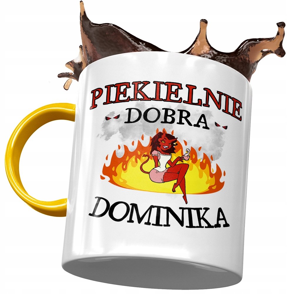 Kubek Żółty Dla Dominiki Żony Koleżanki na Prezent z Nadrukiem ze Zdjęciem+ Opakowanie na prezent (wzór 01)
