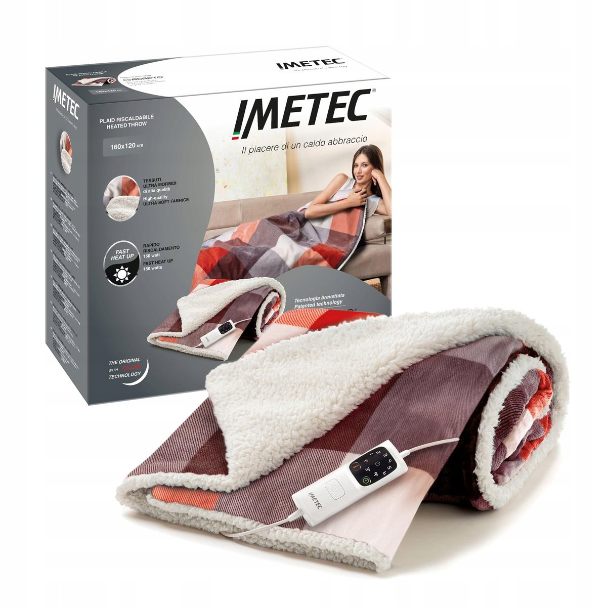 Koc GRZEWCZY Imetec welur 120 cm x 160 cm SZARY odcienie czerwieni