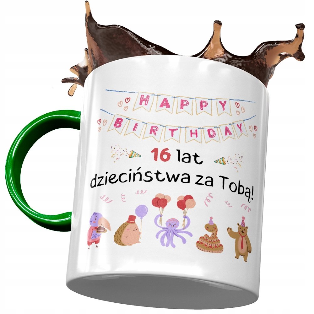 Kubek Zielony na Urodziny 16 16ste 16-ste Prezent z Nadrukiem ze Zdjęciem+ Opakowanie na prezent (wzór 01)