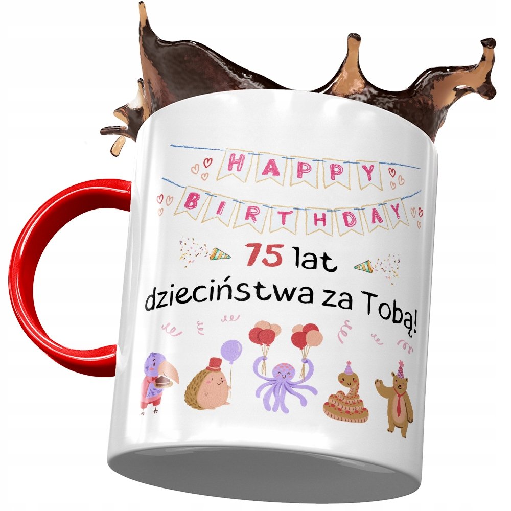 Kubek Czerwony na Urodziny 75 75te 75-te Prezent z Nadrukiem ze Zdjęciem + Opakowanie na prezent (wzór 03)