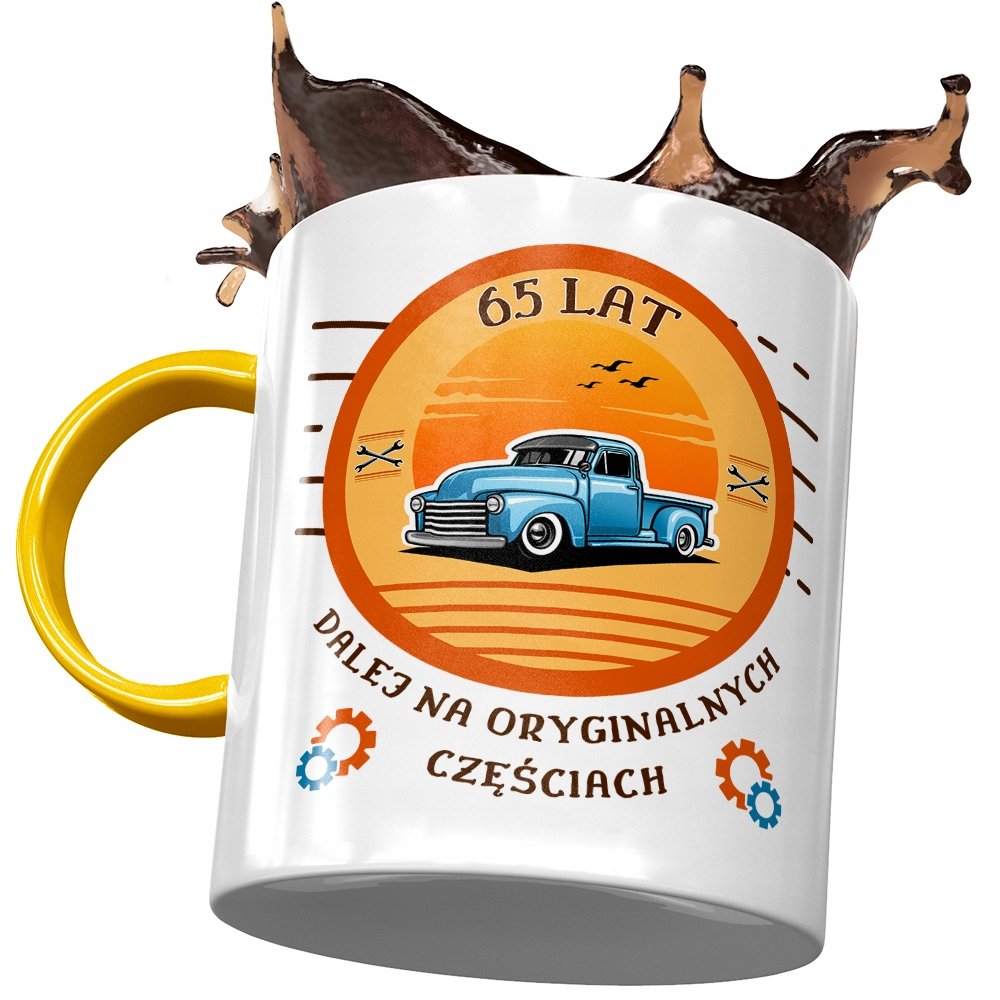 Kubek Żółty na Urodziny 65 65te 65-te na Prezent z Nadrukiem ze Zdjęciem + Opakowanie na prezent (wzór 03)