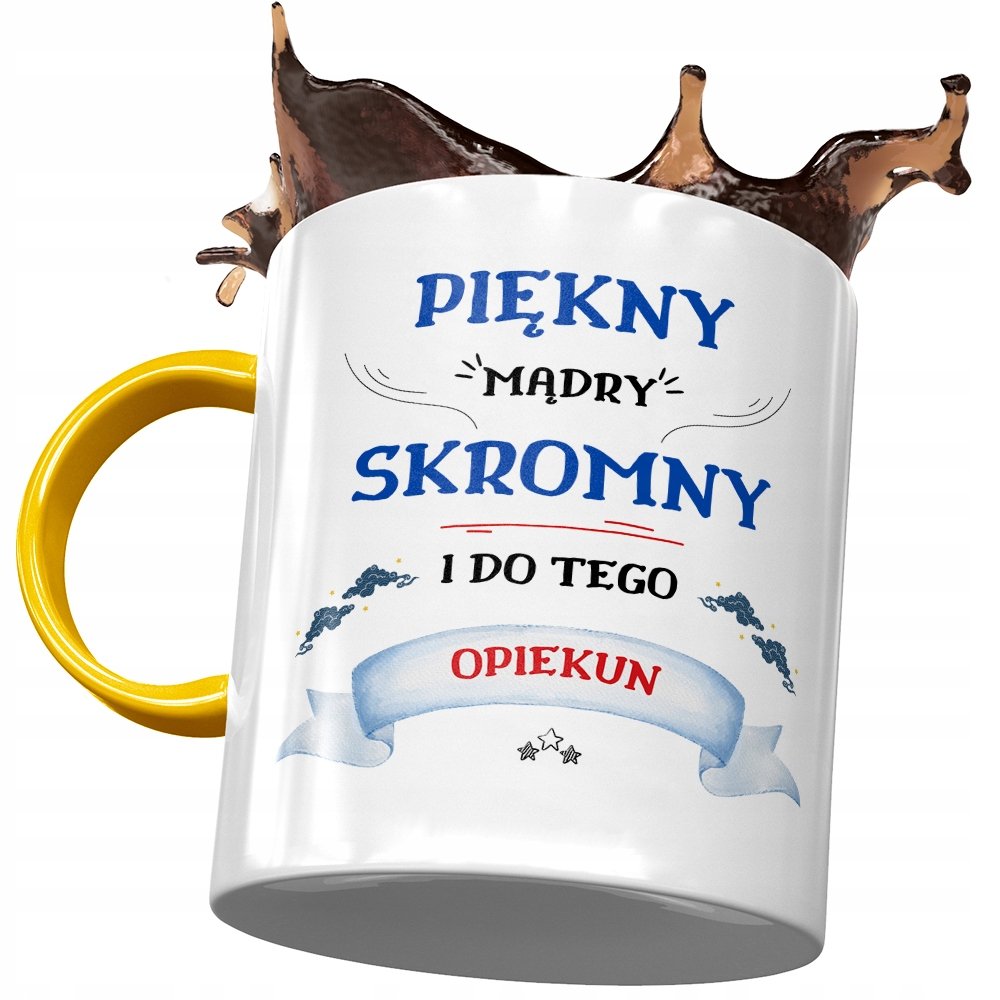 Kubek Żółty Dla Opiekuna Piękny Mądry Skromny z Nadrukiem ze Zdjęciem + Opakowanie na prezent (wzór 02)