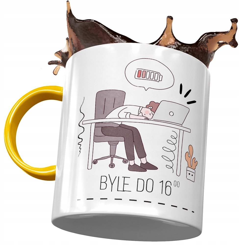 Kubek Żółty Śmieszny Zabawny Byle Do 16:00 z Nadrukiem ze Zdjęciem + Opakowanie na prezent (wzór 04)