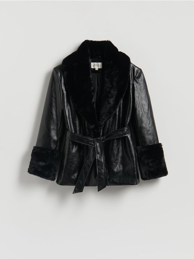 Reserved - Kurtka z futrzanym kołnierzem - czarny