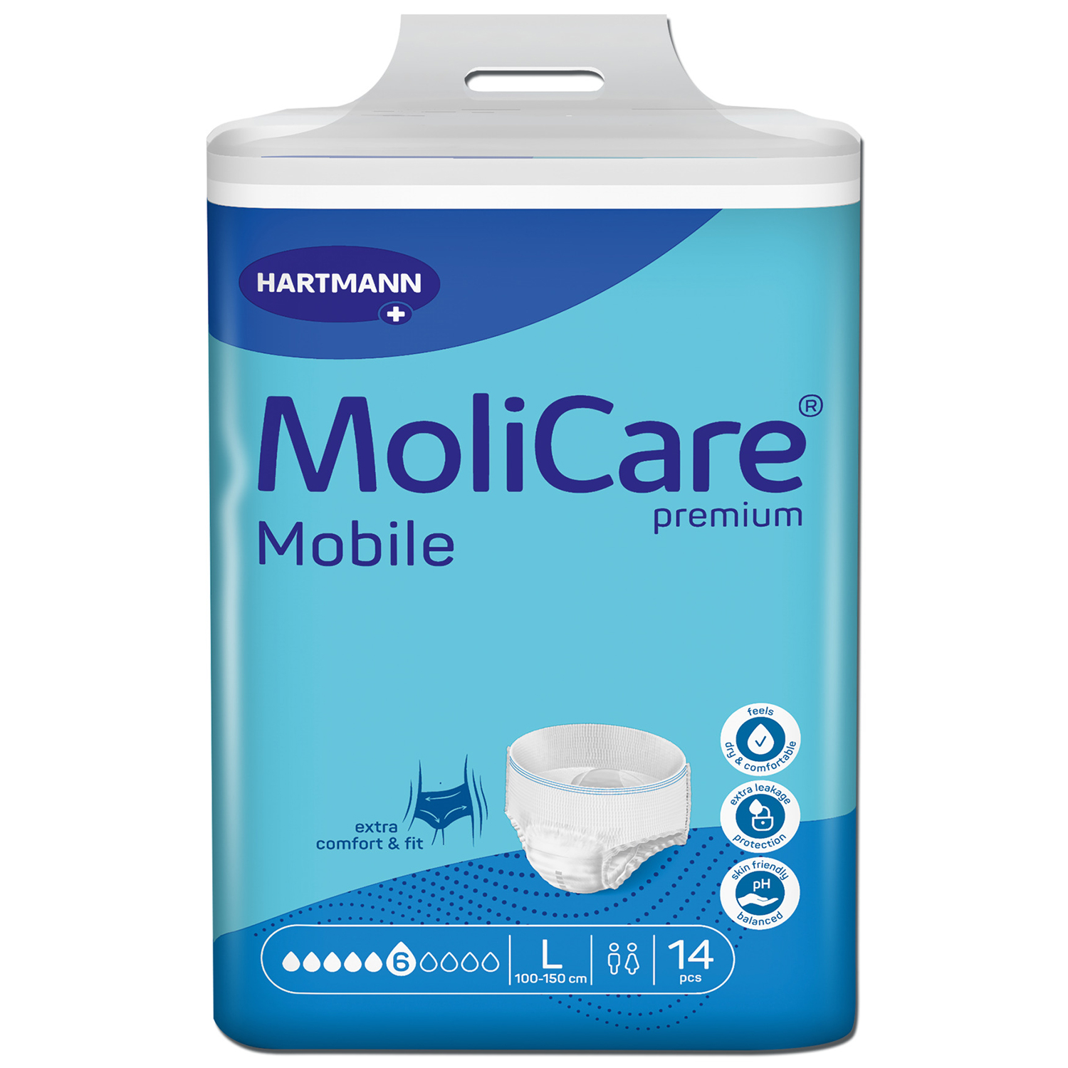 MoliCare Premium Mobile, pieluchomajtki, rozmiar L, 100-150 cm, 6 kropli, 14 sztuk