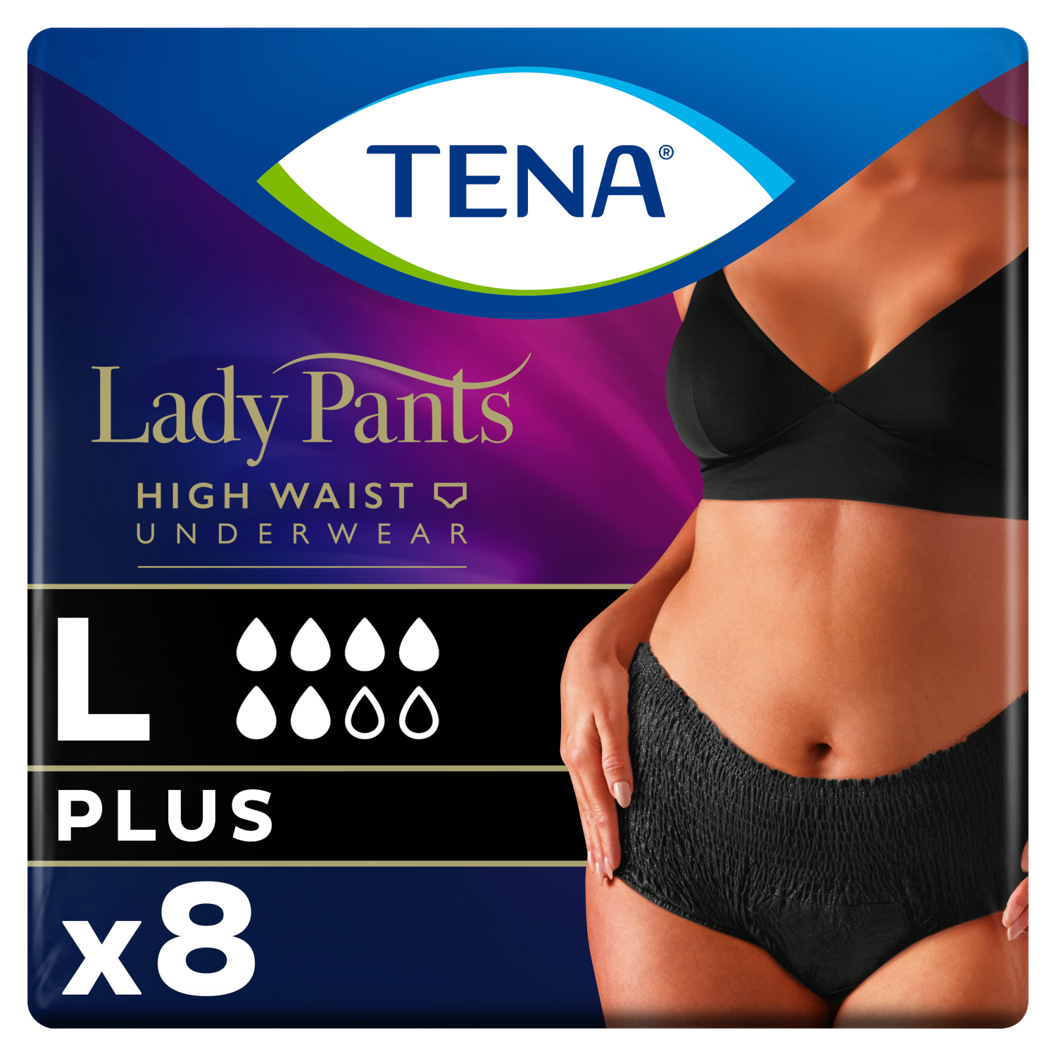 Tena Lady Pants Noir, majtki chłonne, rozmiar L, 95-130 cm, Plus, 8 sztuk