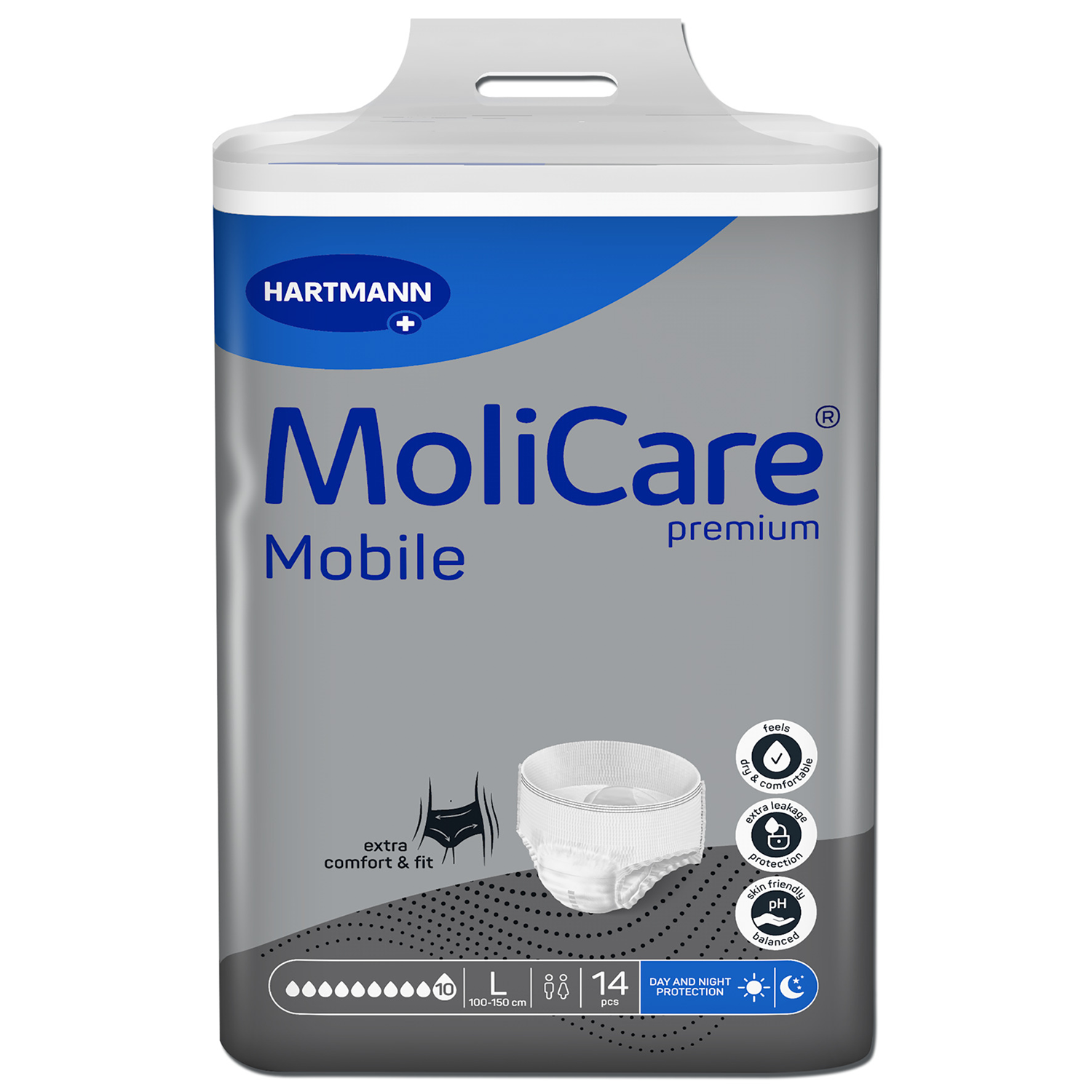 MoliCare Premium Mobile, pieluchomajtki, rozmiar L, 100-150 cm, 10 kropli, 14 sztuk