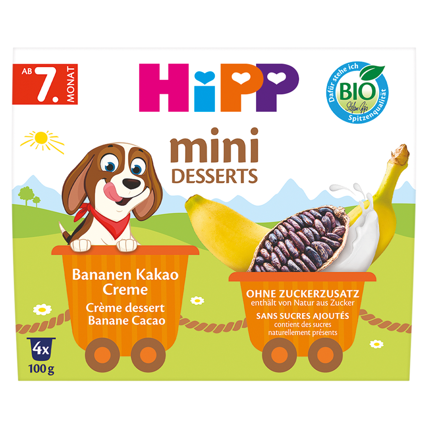 HiPP Mini Deser Bio, krem z bananami i kakao, po 7 miesiącu, 4 x 100 g