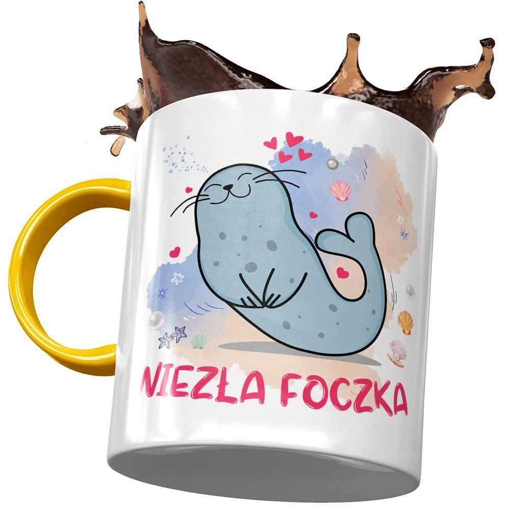 Kubek Żółty z Foką Foczką Foczunią na Prezent z Nadrukiem ze Zdjęciem + Opakowanie na prezent (wzór 04)