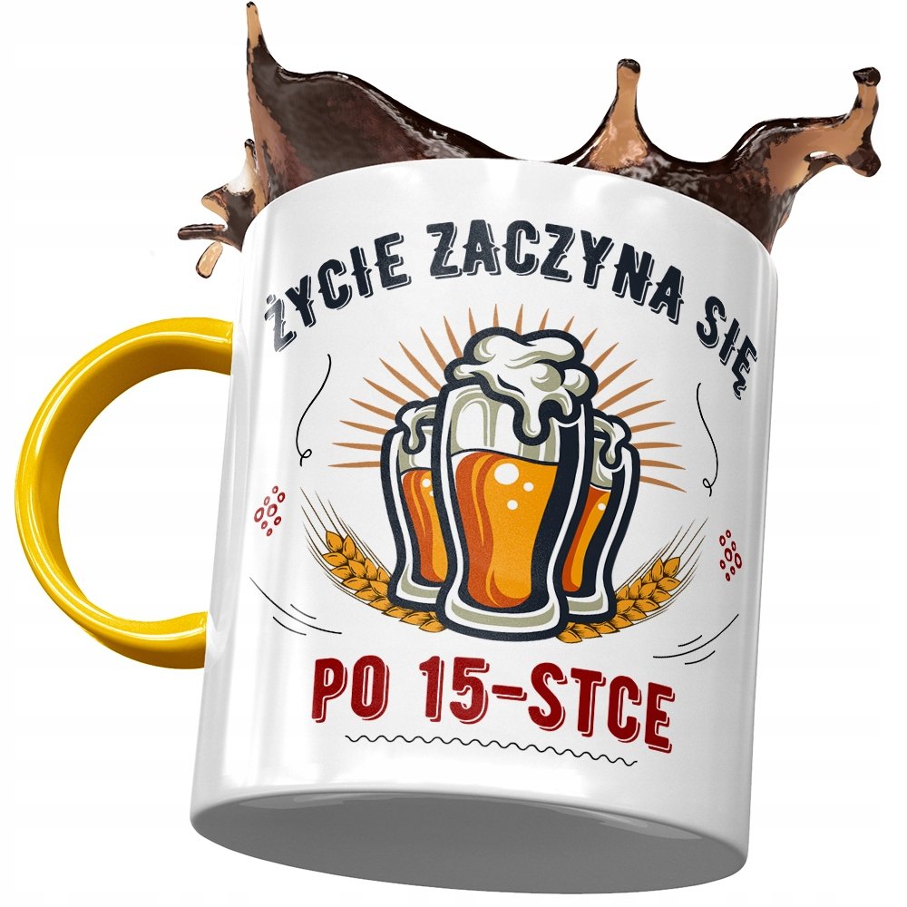 Kubek Żółty na Urodziny 15 15ste 15-ste na Prezent z Nadrukiem ze Zdjęciem + Opakowanie na prezent (wzór 04)