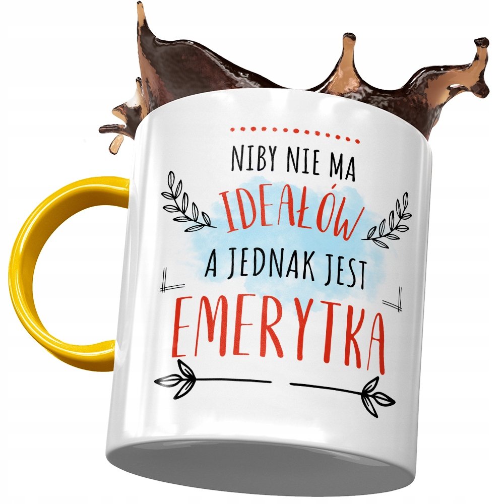 Kubek Żółty Dla Emerytki Niby nie ma Ideałów z Nadrukiem ze Zdjęciem + Opakowanie na prezent (wzór 04)