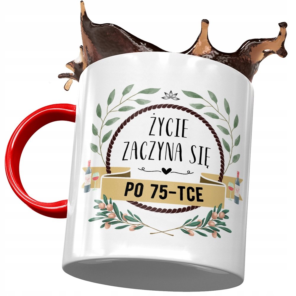 Kubek Czerwony na Urodziny 75 75te 75-te Prezent z Nadrukiem ze Zdjęciem + Opakowanie na prezent (wzór 03)