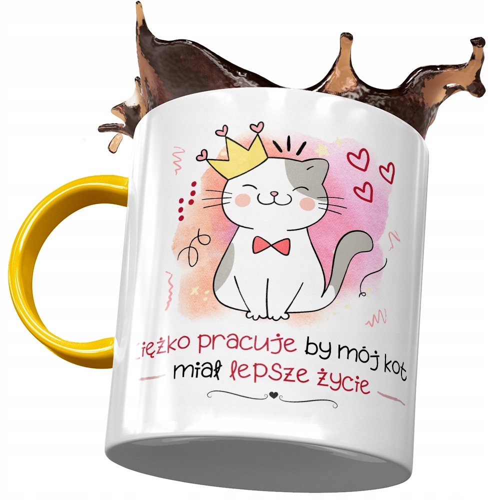 Kubek Żółty z Kotem Kotkiem Słodki na Prezent z Nadrukiem ze Zdjęciem + Opakowanie na prezent (wzór 03)