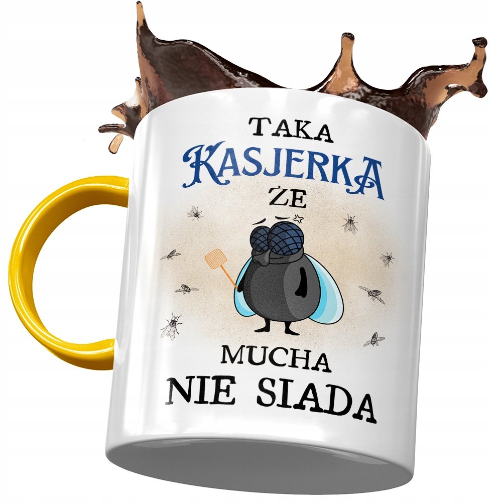 Kubek Żółty Dla Kasjerki Taka Że Mucha Nie Siada z Nadrukiem ze Zdjęciem + Opakowanie na prezent (wzór 04)