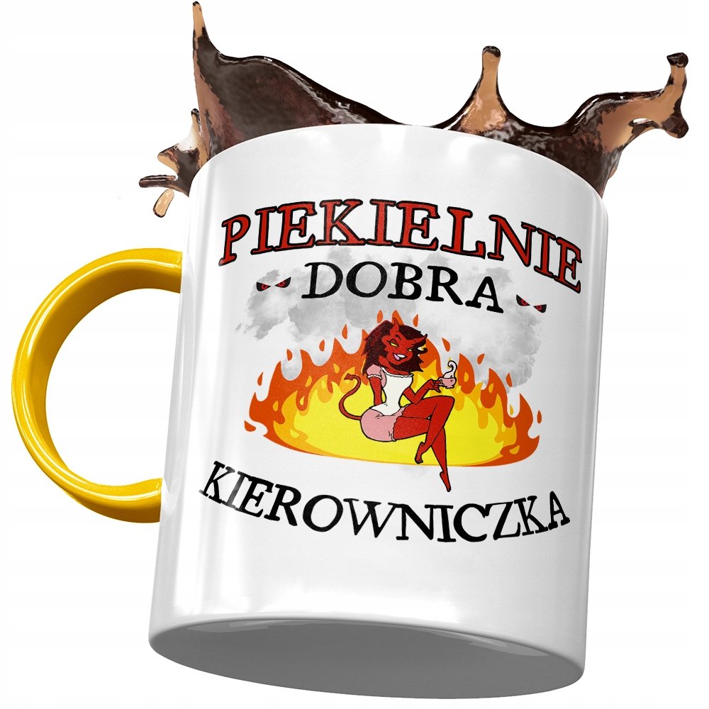 Kubek Żółty Dla Kierowniczki Piekielnie Dobra z Nadrukiem ze Zdjęciem + Opakowanie na prezent (wzór 04)