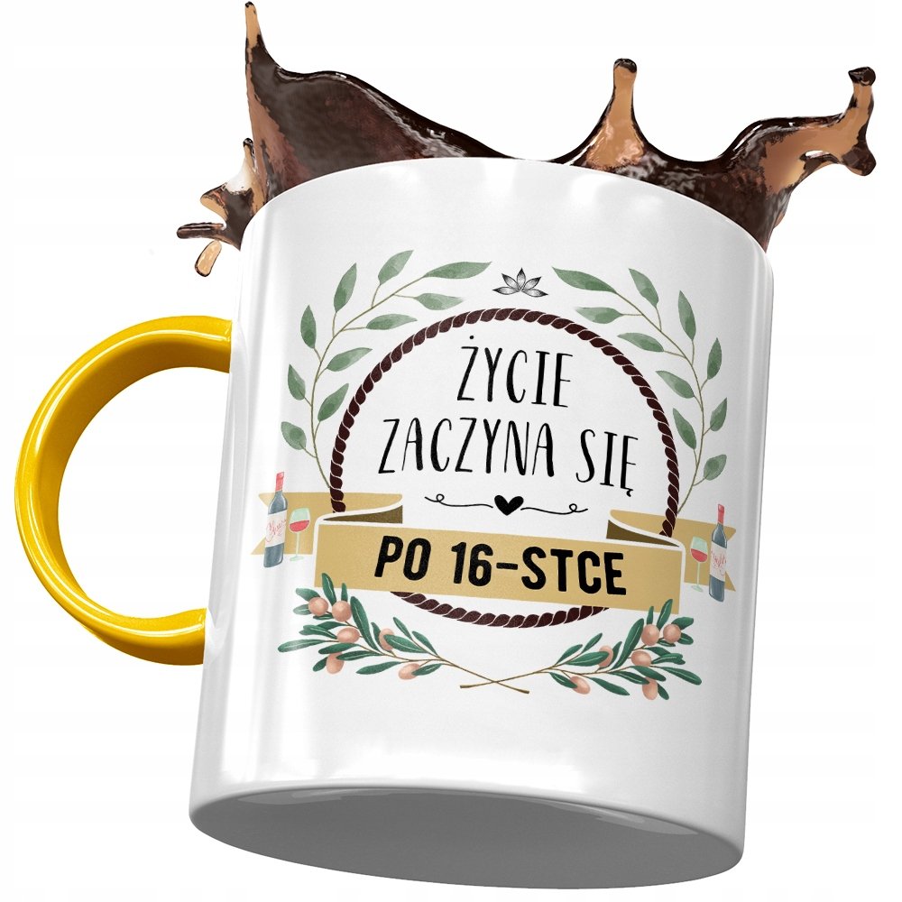Kubek Żółty na Urodziny 16 16ste 16-ste na Prezent z Nadrukiem ze Zdjęciem + Opakowanie na prezent (wzór 03)