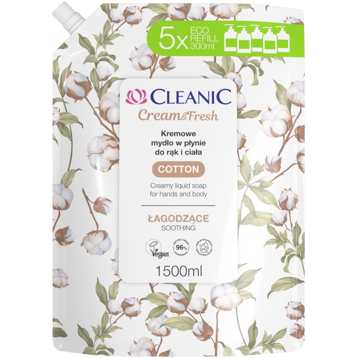Cleanic Cream & Fresh Cotton, łagodzące kremowe mydło w płynie do rąk i ciała, 1500 ml