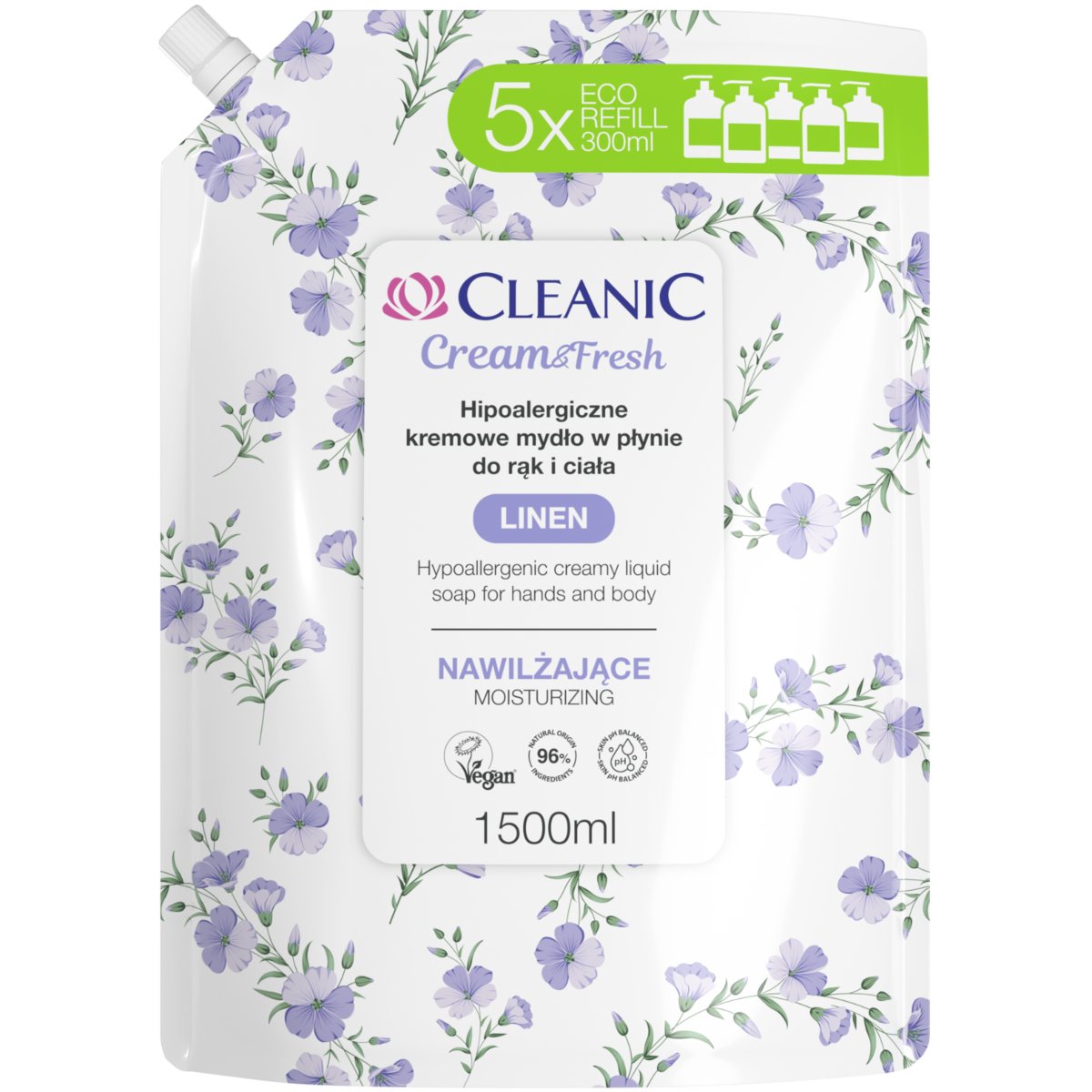 Cleanic Cream & Fresh Linen, hipoalergiczne, nawilżające kremowe mydło w płynie, 1500 ml