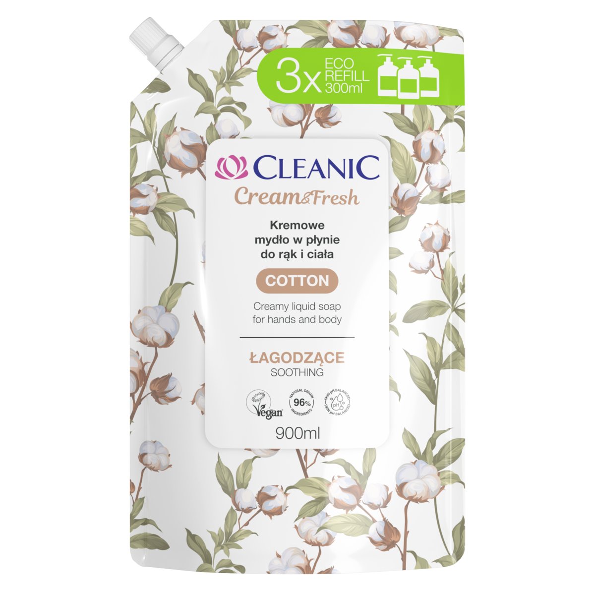Cleanic Cream & Fresh Cotton, łagodzące kremowe mydło w płynie do rąk i ciała, 900 ml