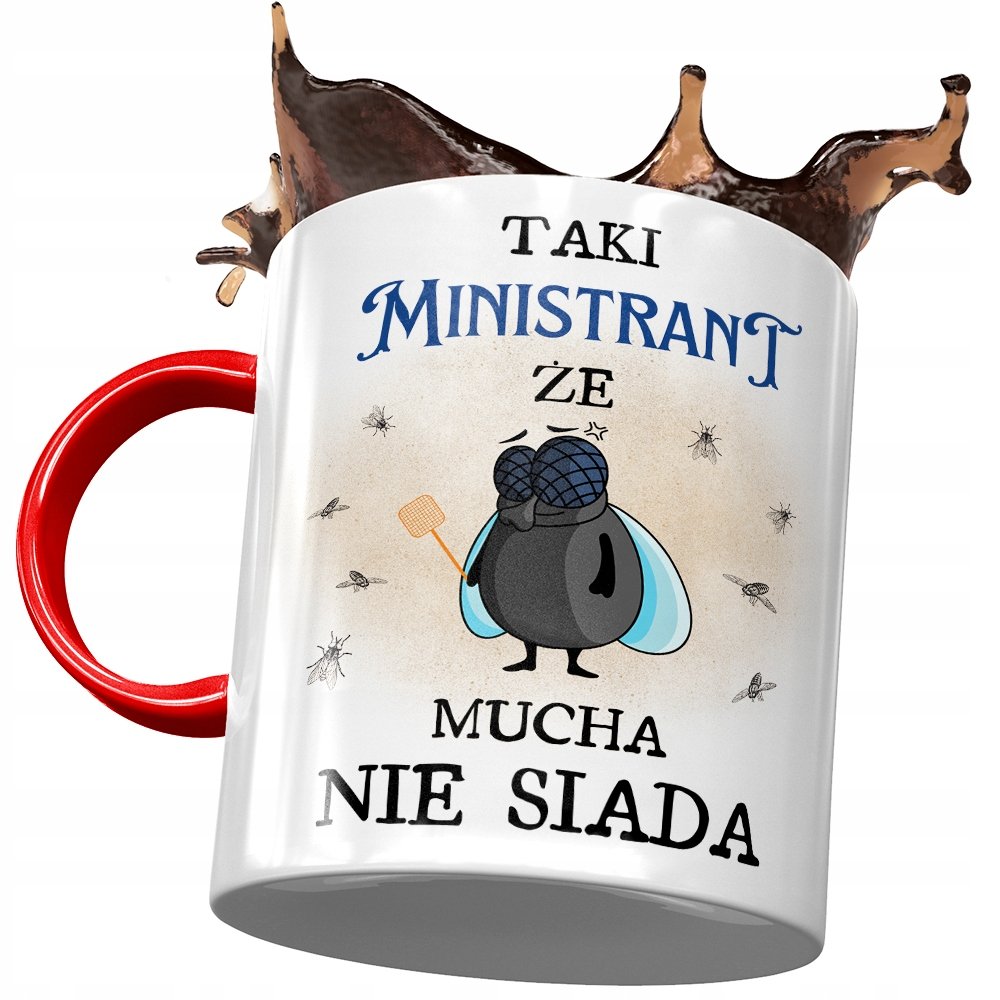 Kubek Czerwony Dla Ministranta Że Mucha Nie Siada z Nadrukiem ze Zdjęciem + Opakowanie na prezent (wzór 04)