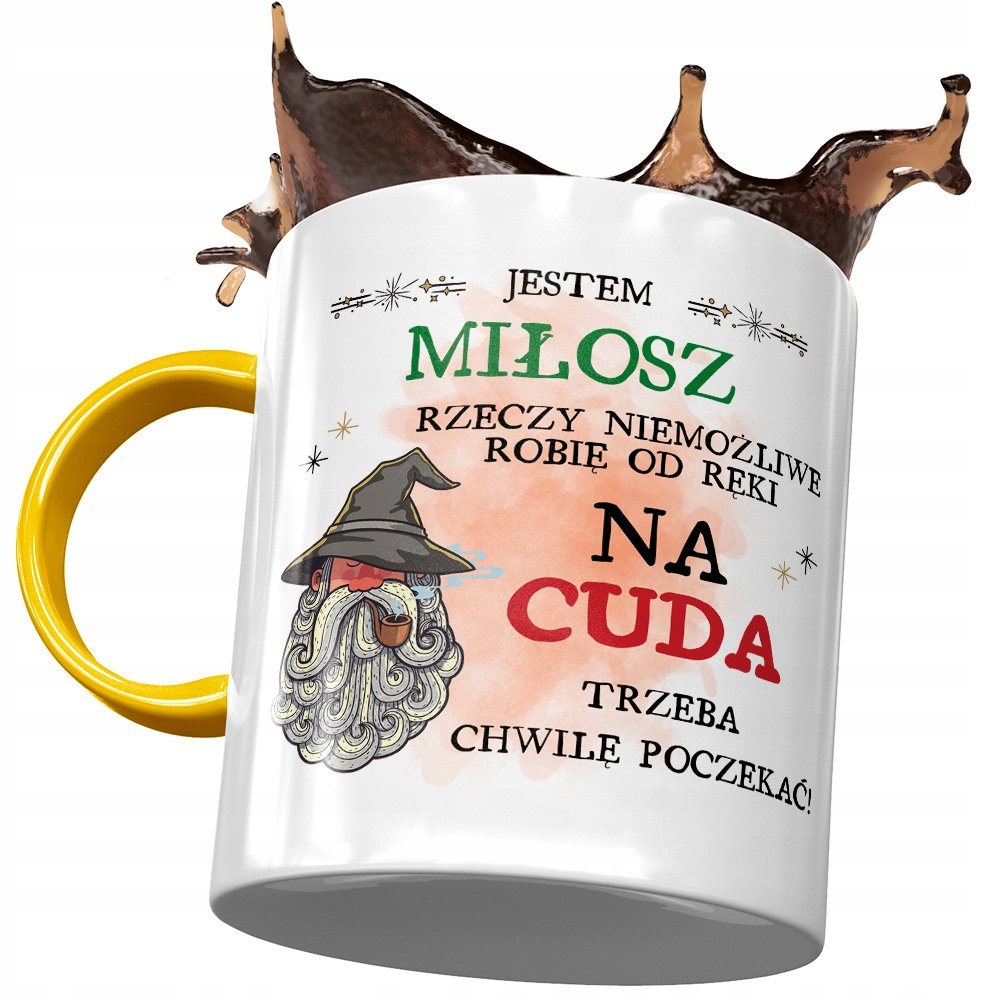 Kubek Żółty Dla Miłosza Męża Kolegi na Prezent z Nadrukiem ze Zdjęciem + Opakowanie na prezent (wzór 04)