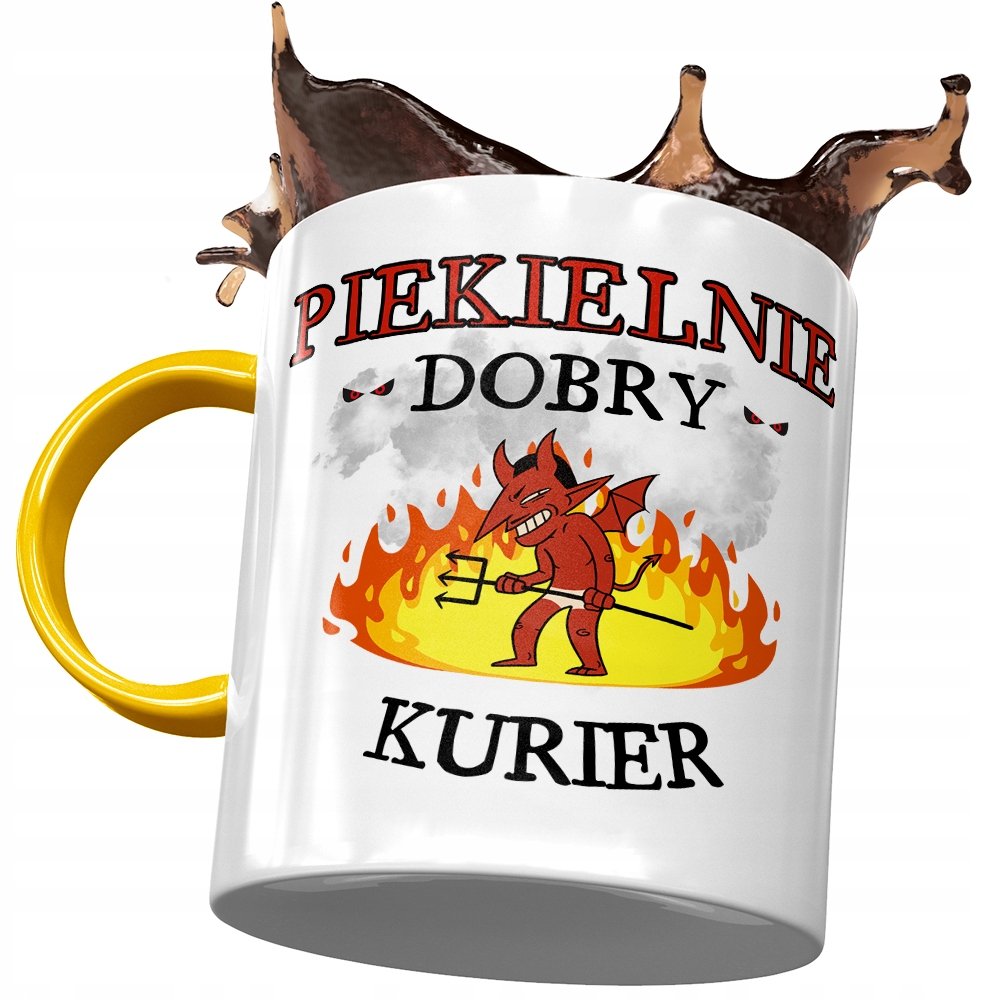 Kubek Żółty Dla Kuriera Piekielnie Dobry Kurier z Nadrukiem ze Zdjęciem + Opakowanie na prezent (wzór 04)
