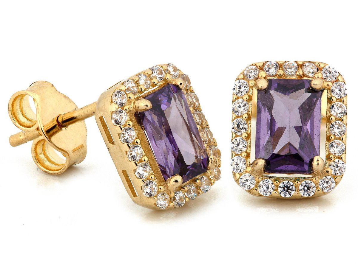 Kolczyki złote 585 prostokątne z fioletowym kamieniem na sztyfcie 1.90g