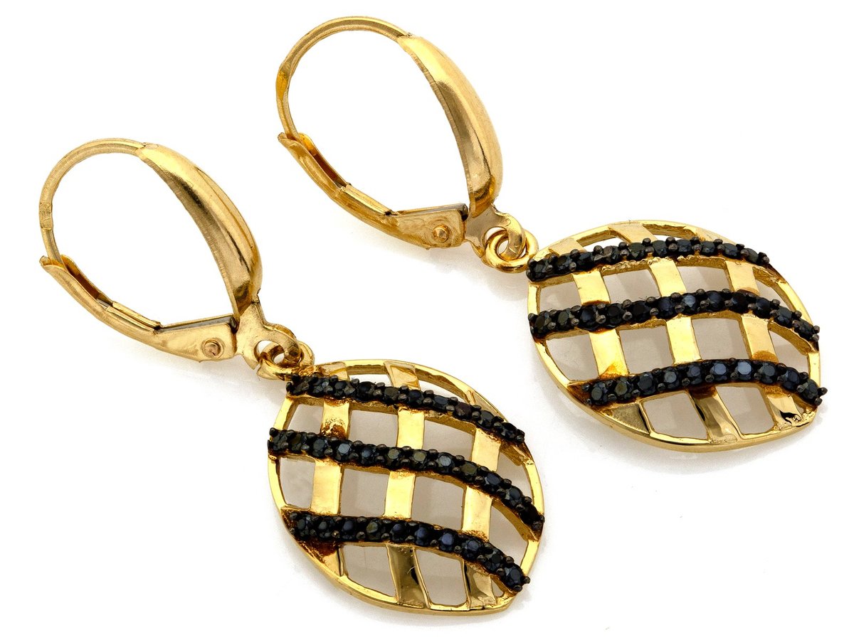 Kolczyki złote 585 wiszące owalne ażurowe z czarnymi cyrkoniami 3.30g