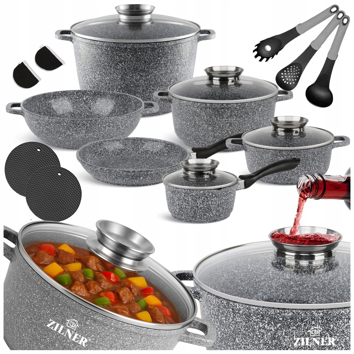 ZESTAW GARNKÓW MARMURKOWYCH INDUKCJA GAZ KOMPLET GARNEK 10L RONDEL PATELNIA