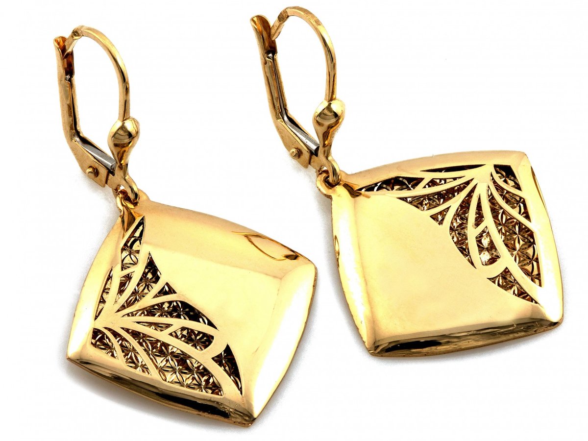 Kolczyki złote 585 wiszące kwadratowe z ażurem efektowne 4.46g