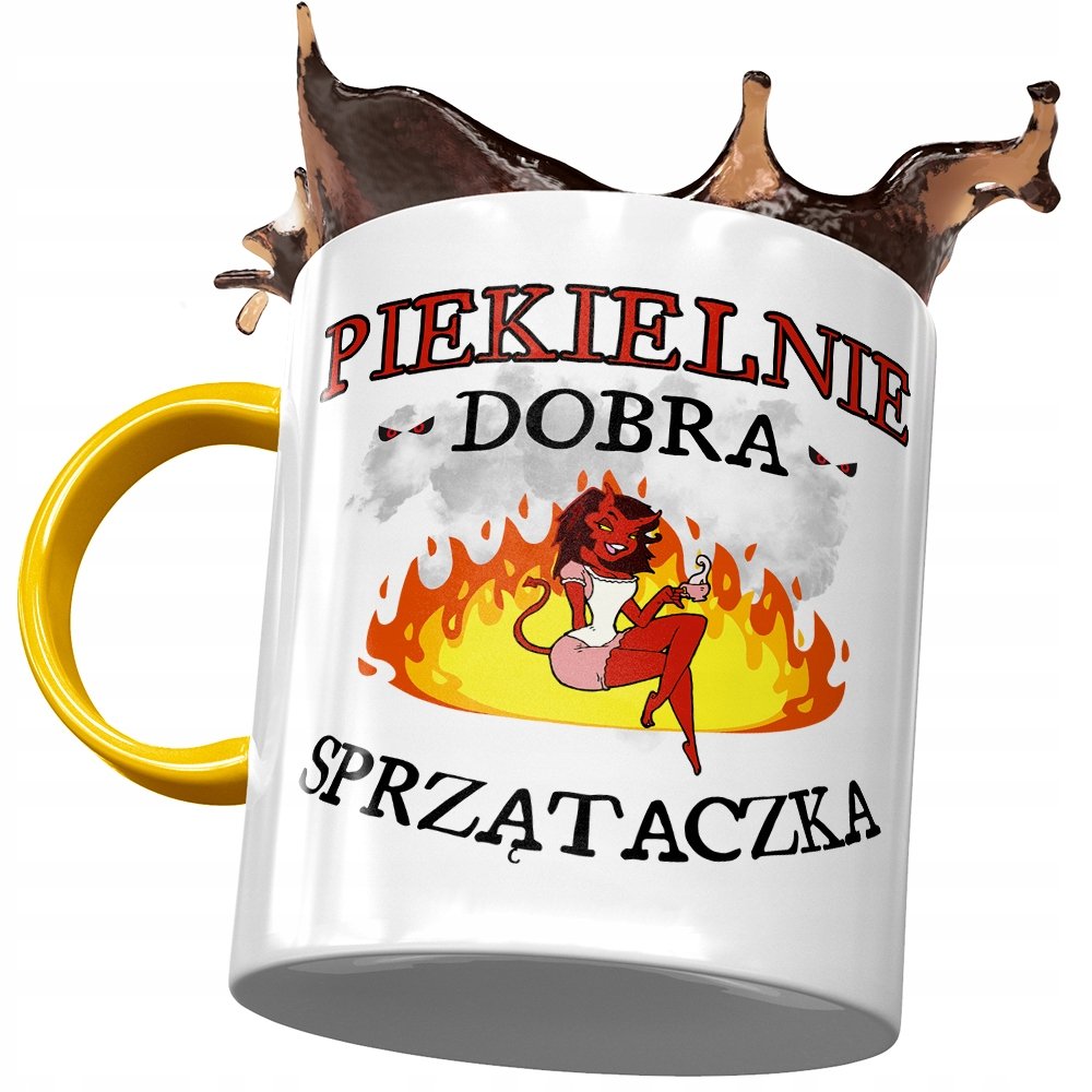 Kubek Żółty Dla Sprzątaczki Piekielnie Dobra Kubek z Nadrukiem ze Zdjęciem + Opakowanie na prezent (wzór 03)