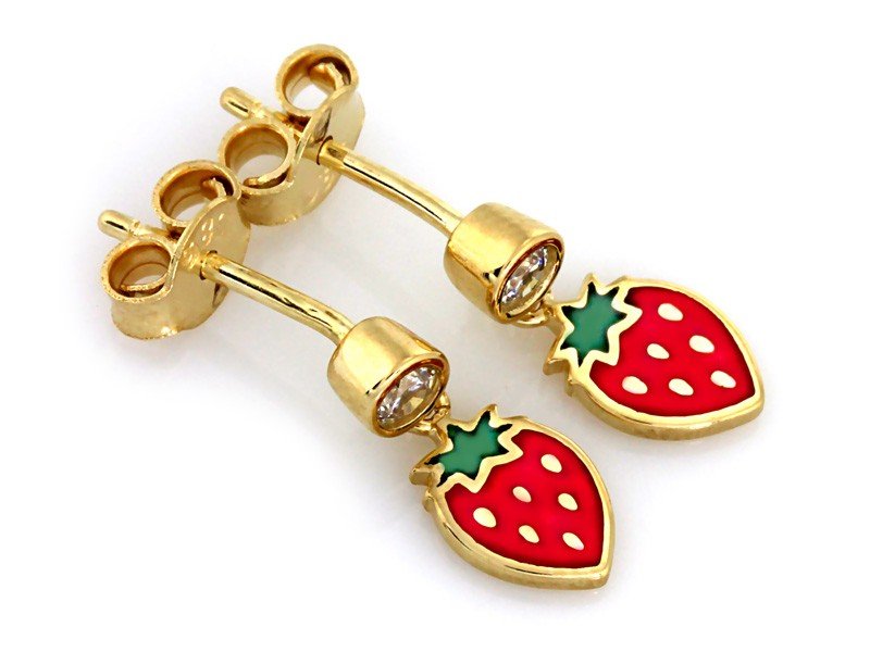 Kolczyki złote 585 wiszące na sztyft z emaliowaną truskawką