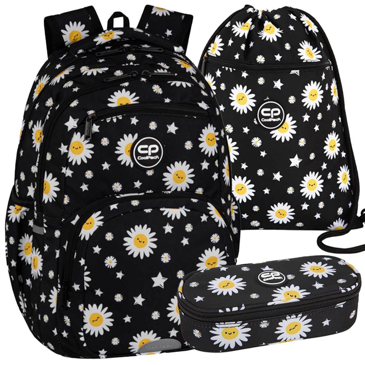 Zestaw 3-Elementowy Do Klasy 4-8 Plecak Piórnik Worek Coolpack Daisy Black Stokrotki
