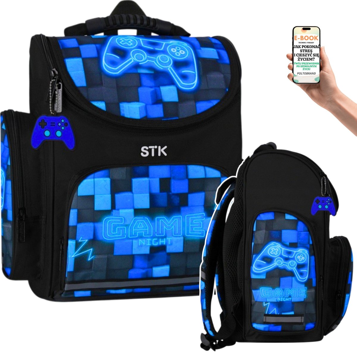 TORNISTER GRACZA PIXEL NIEBIESKI PLECAK SZKOLNY DLA CHŁOPCA – WYGODNY + BEZPIECZNY + MODNY + EBOOK-1