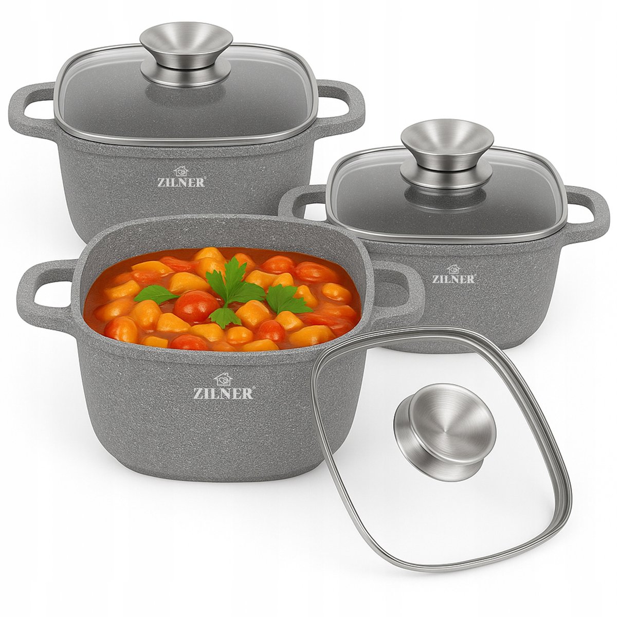 KOMPLET GARNKÓW MARMURKOWYCH KWADRATOWE NA INDUKCJĘ GAZ ZESTAW GARNKI 6 ELE