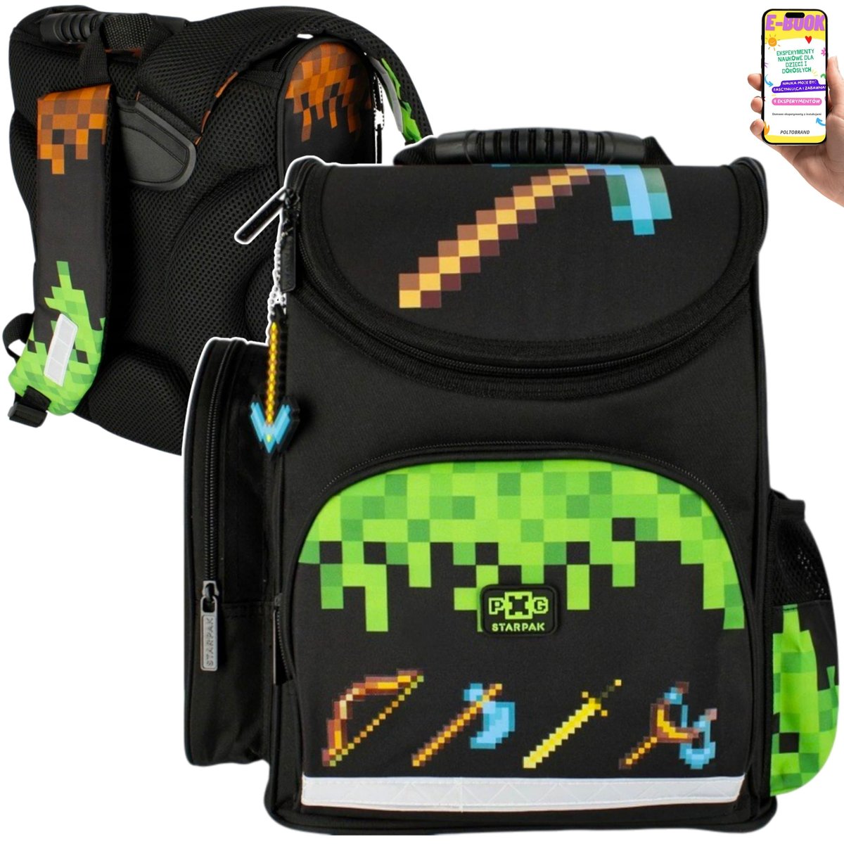 PLECAK SZKOLNY GRACZA PIXEL KILOF TORNISTER DLA CHŁOPCA Z MOTYWEM GIER + ODBLASKI + USZTYWNIENIE – CZARNY + EBOOK