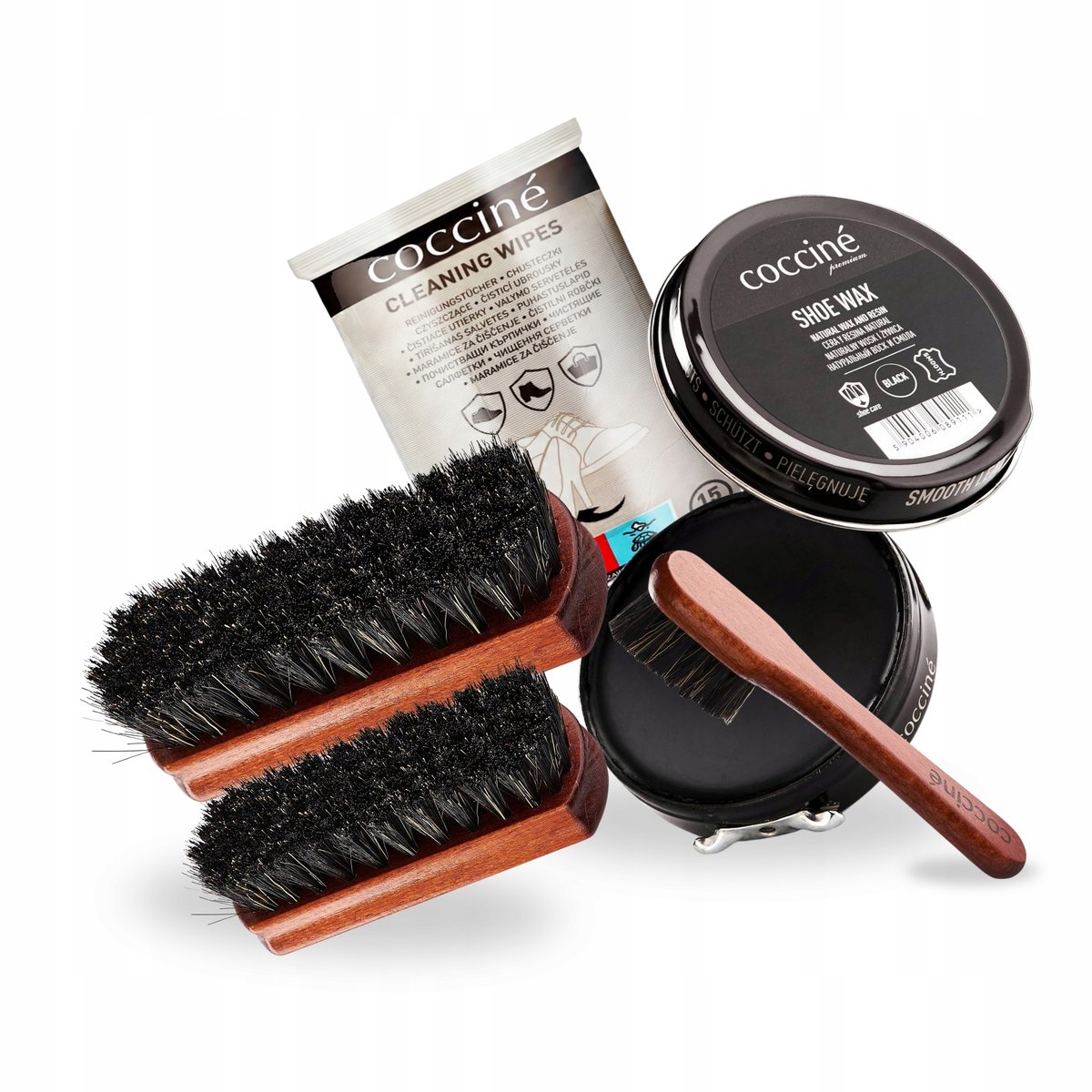 Zestaw 5w1 Czarna Pasta do Butów Shoe Wax ze Szczotkami i Chusteczki