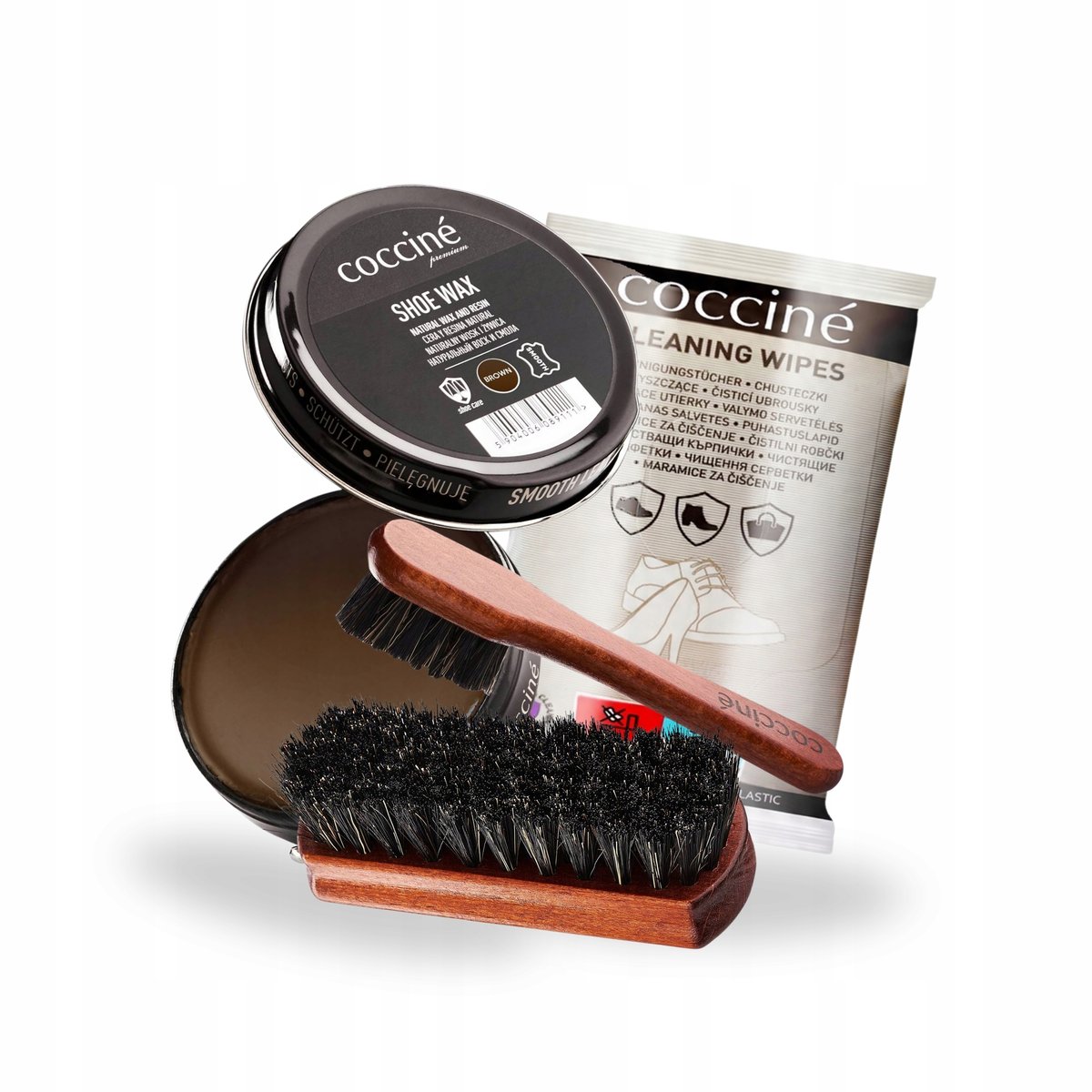 Brązowa Pasta do Butów Shoe Wax ze Szczotkami Chusteczki Coccine Zestaw 4w1