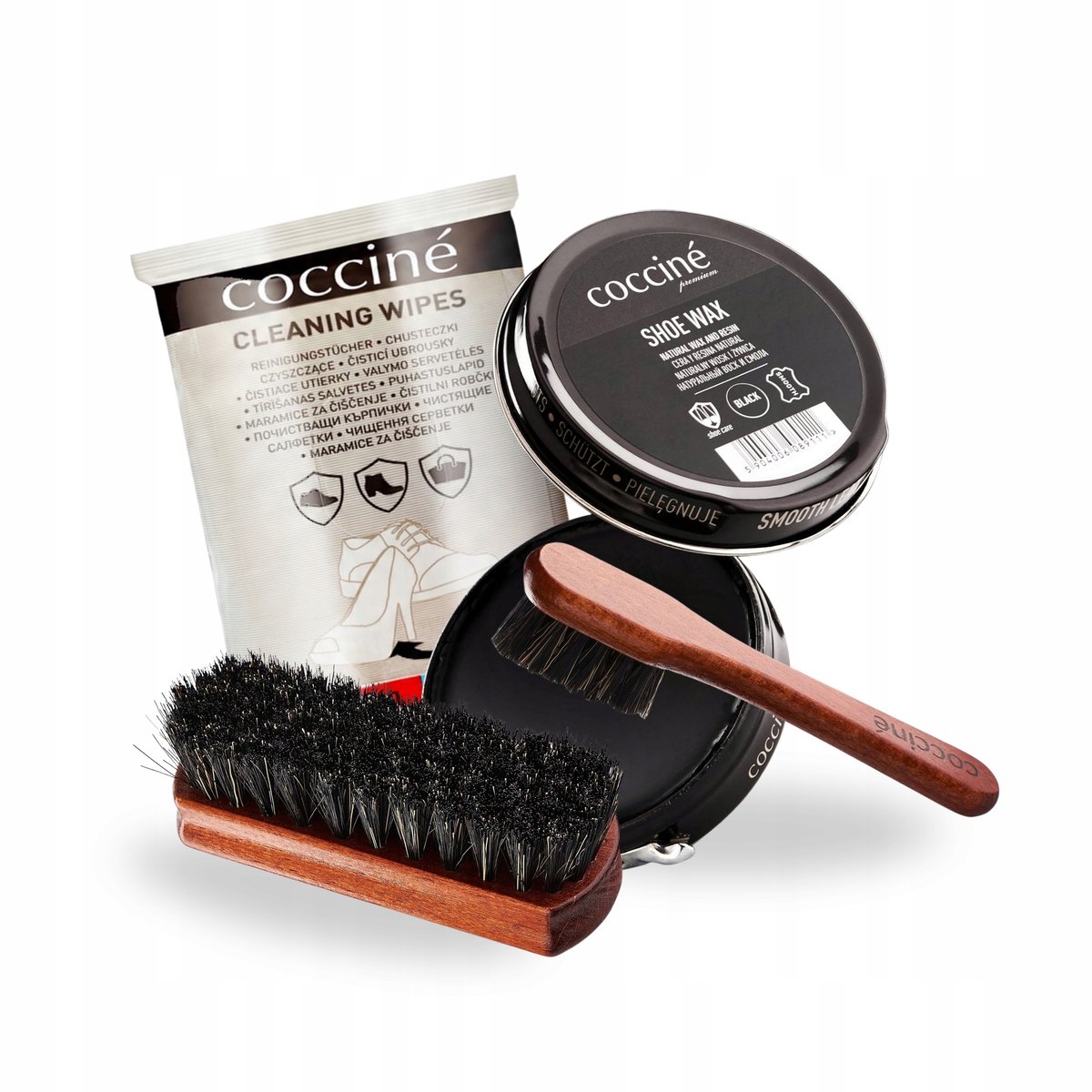Czarna Pasta do Butów Shoe Wax ze Szczotkami Chusteczki Coccine Zestaw 4w1